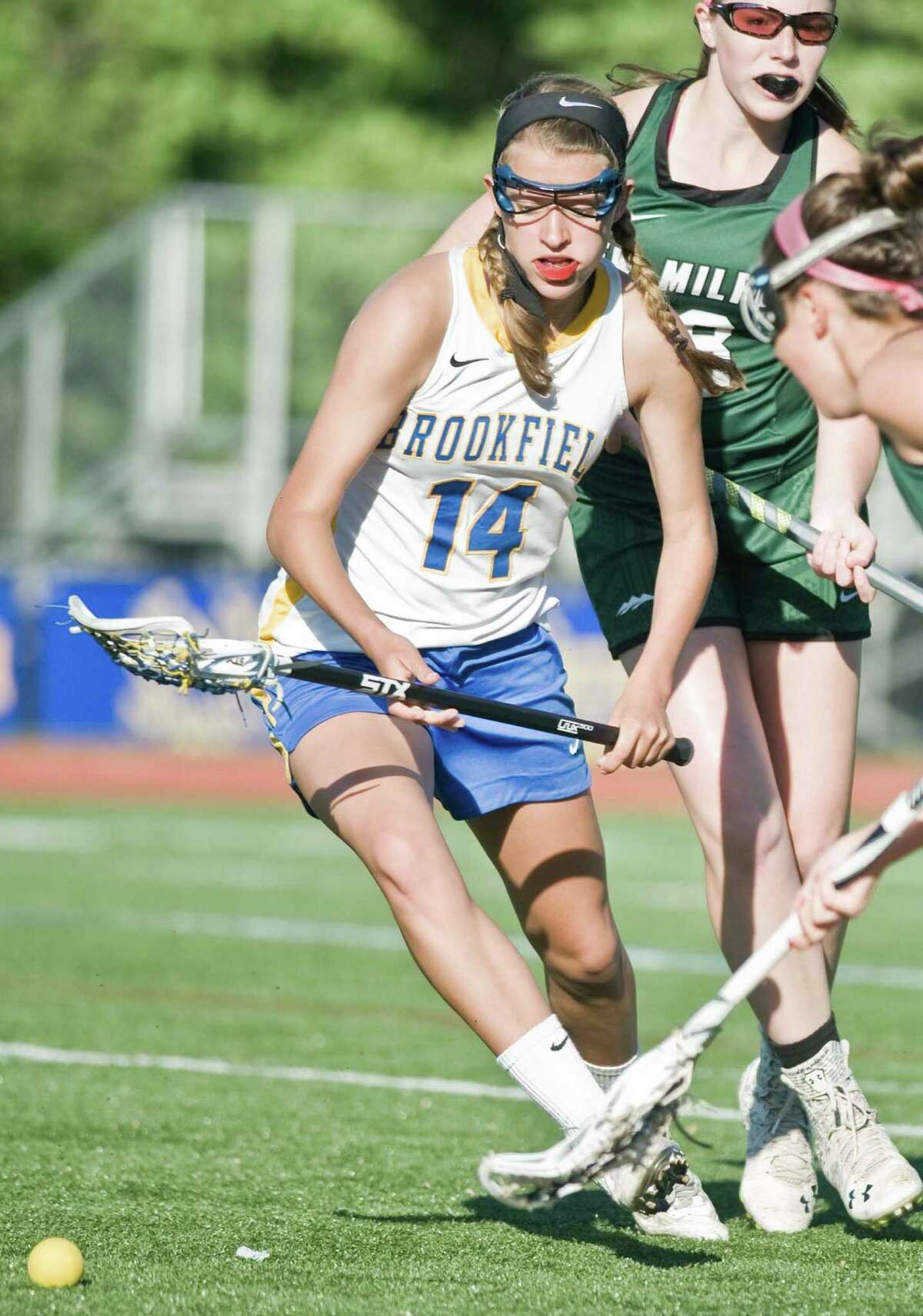 Brookfield High School's Savannah Ryan tries to get to the loose ball during the SWC Division I quarterfinals against New Milford High School, played at Brookfield. Friday, May 22, 2015