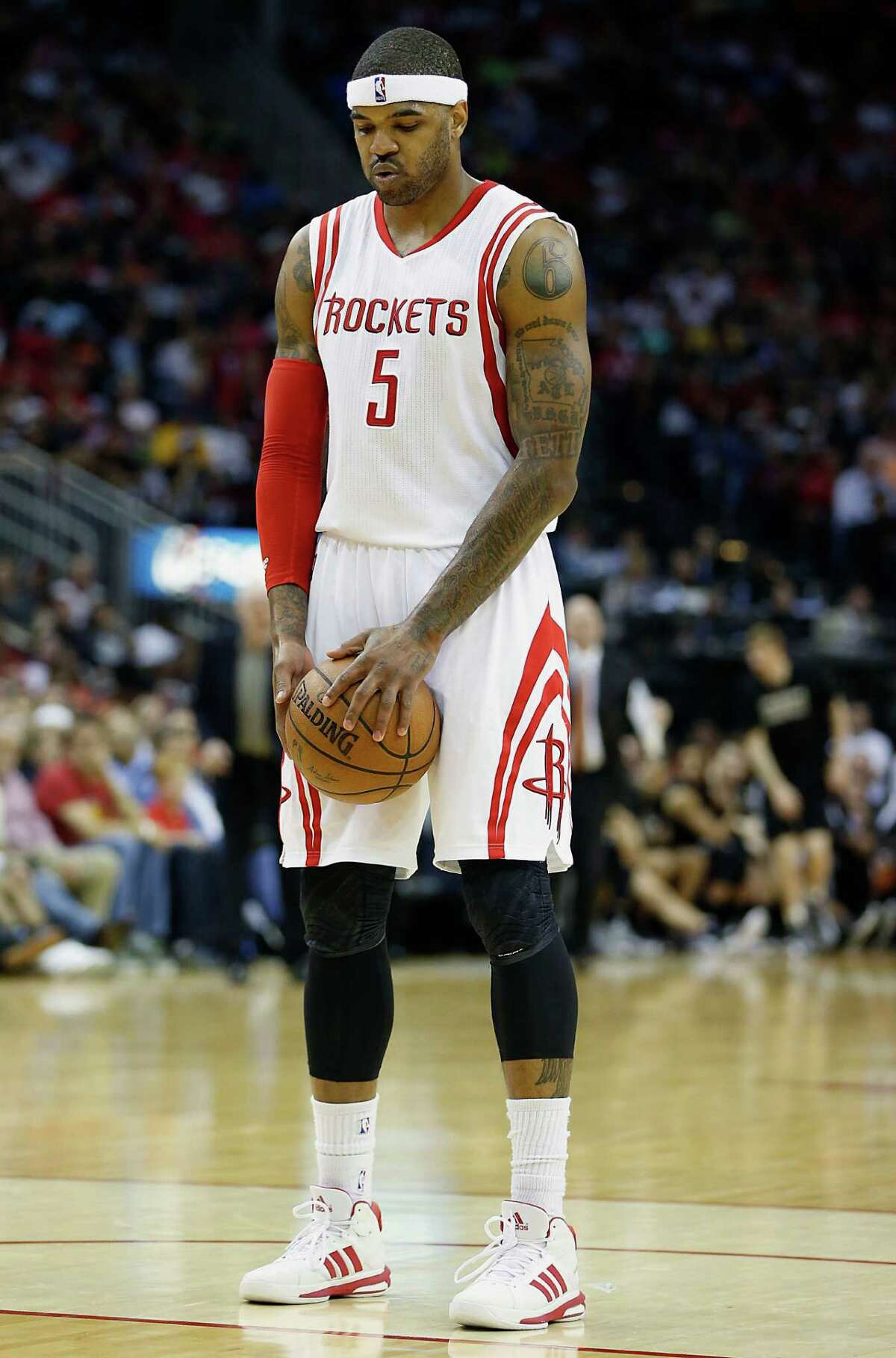 Houston Rockets forward Josh Smith stands at the free throw line during the fourth quarter of NBA game action against the San Antonio Spurs at the Toyota Center Friday, April 10, 2015, in Houston. ( James Nielsen / Houston Chronicle )