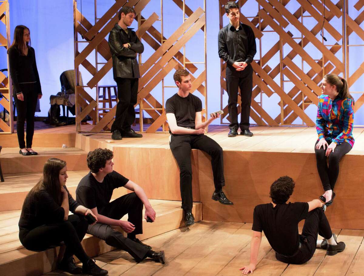 The Staples Players' production of "The Laramie Project" features a cast inlcuding Zoe Samuels, Scott Yarmoff, Jacob Leaf, Rachel Corbally, Nick Ribolla (facing away from camera), Mackenzie Lavoie, James O'Brien, Keanan Pucci and Nick Ribolla.
