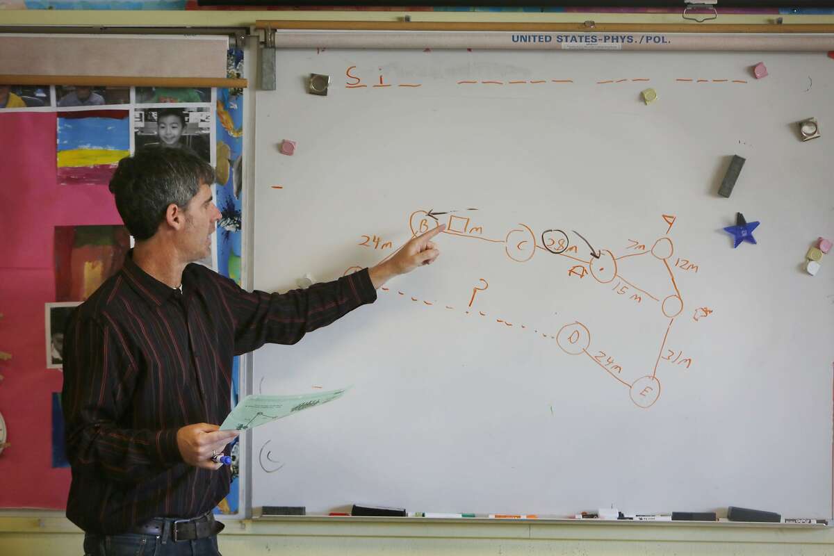 Second grade teacher Jacob Strohm goes over a math problem with students during a math lesson at Argonne Elementary School on Tuesday, May 26, 2015 in San Francisco, Calif.
