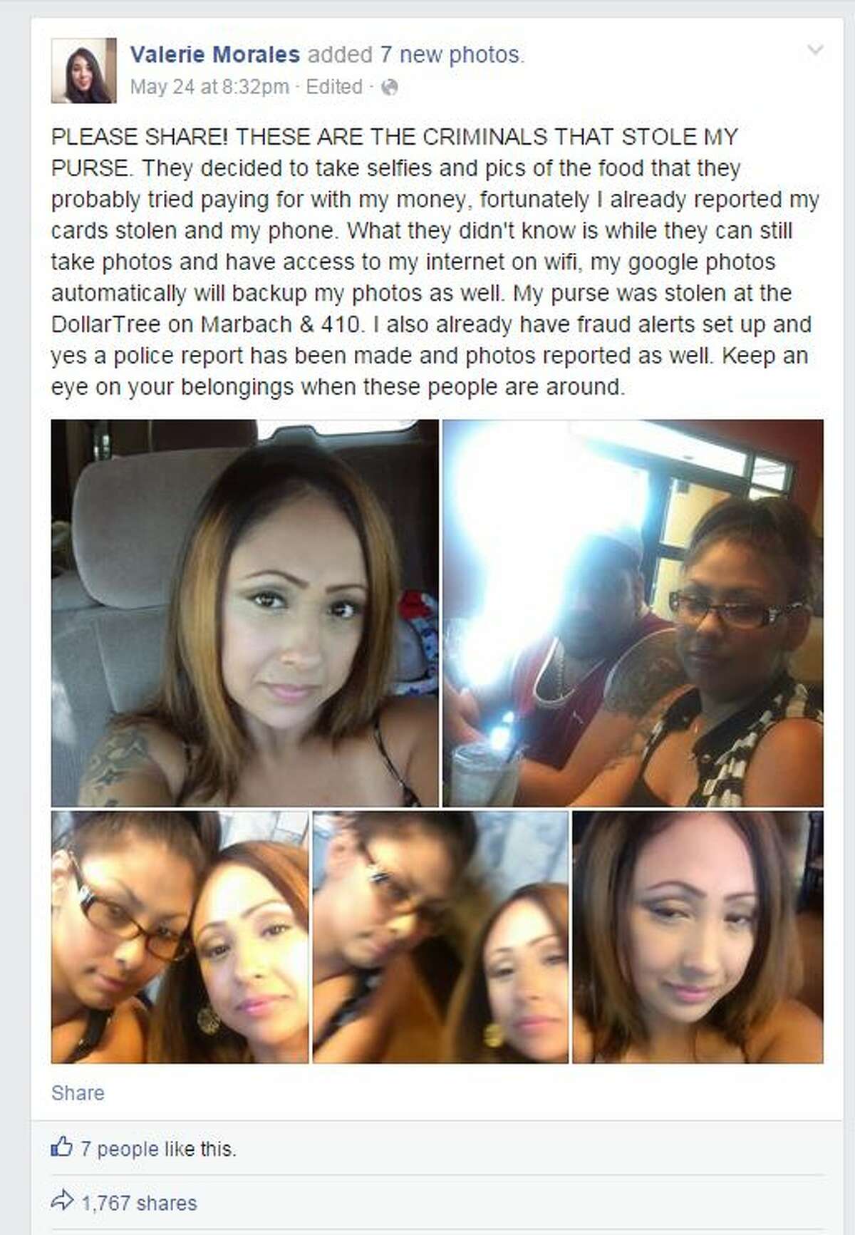 A woman claims these photos were taken by the person who allegedly stole her purse, which had her smart phone inside. The phone transferred the photos to her online account, and she shared them on Facebook.