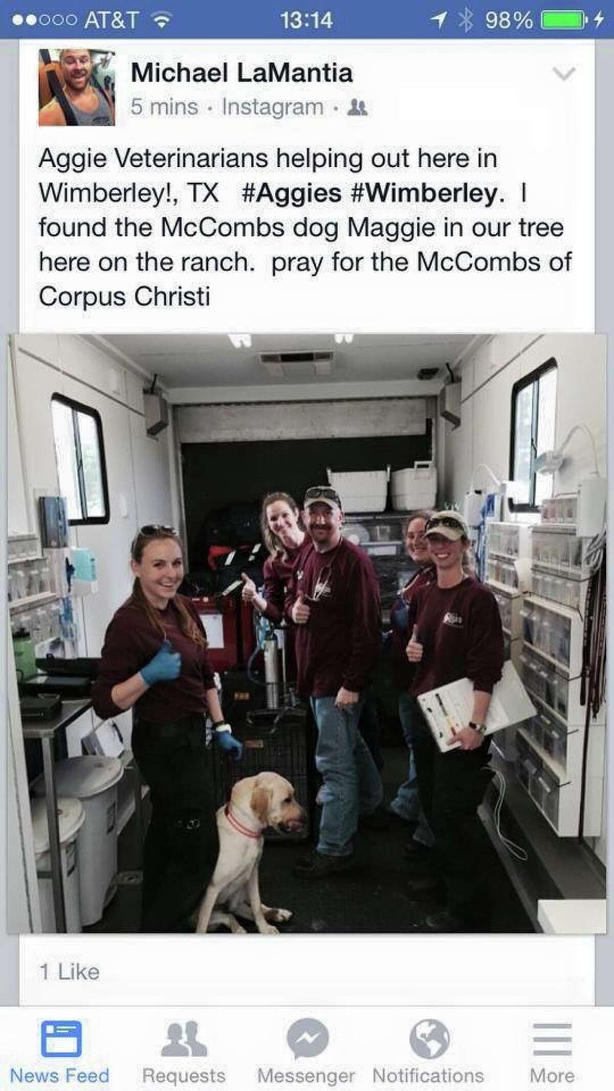 An Instagram photo shows Maggie, who was identified by microchip, with the Texas A&M Veterinary Emergency Team.