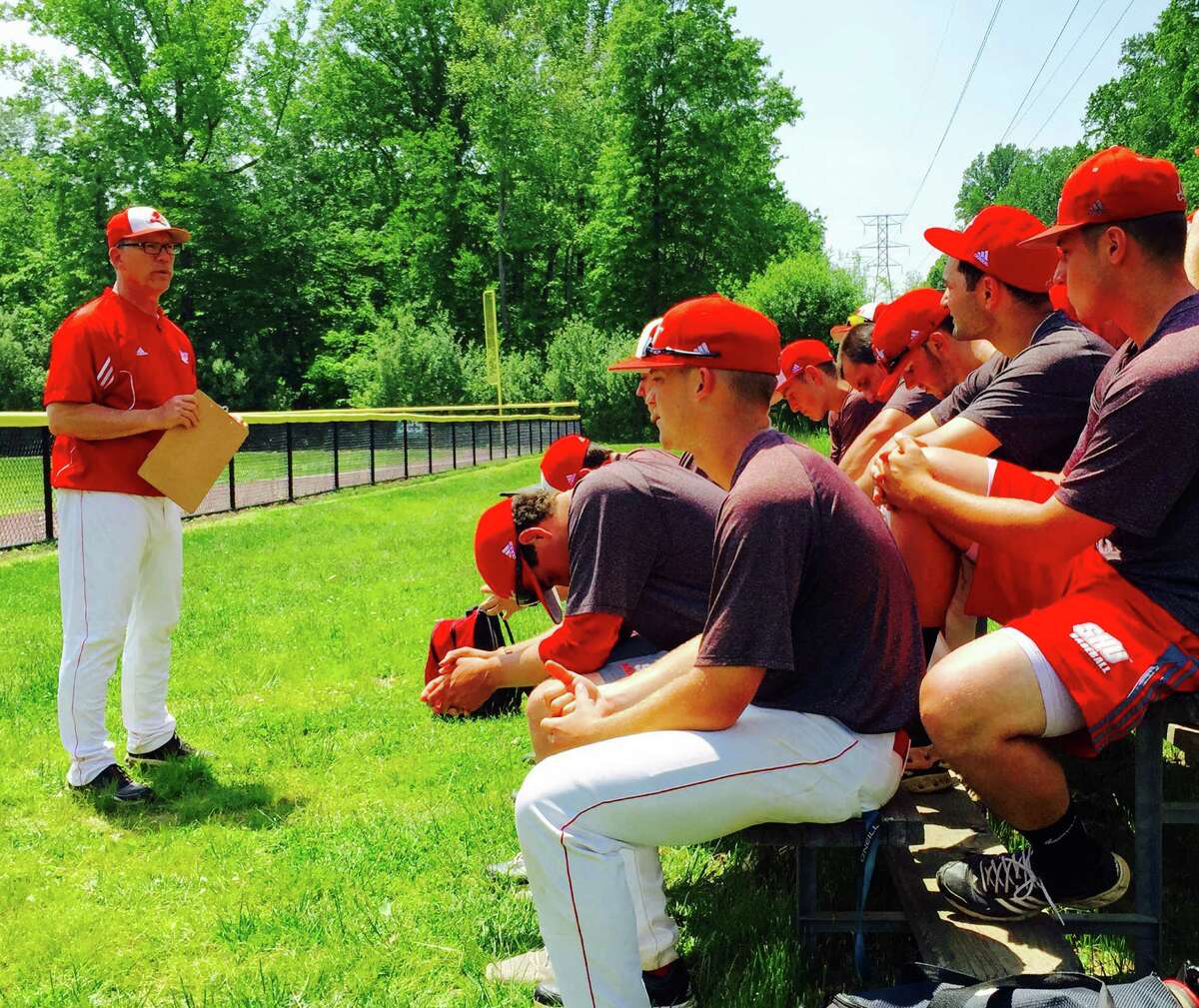 Sacred Heart University baseball coach Nick Giaquinto talks to his team about traveling to Texas for the NCAA tournament. The Pioneers will face Texas Christian University on Friday in Fort Worth. Stony Brook and North Carolina State are also in the TCU regional. SHU is making its third appearance in the NCAA tournament in the last five years.