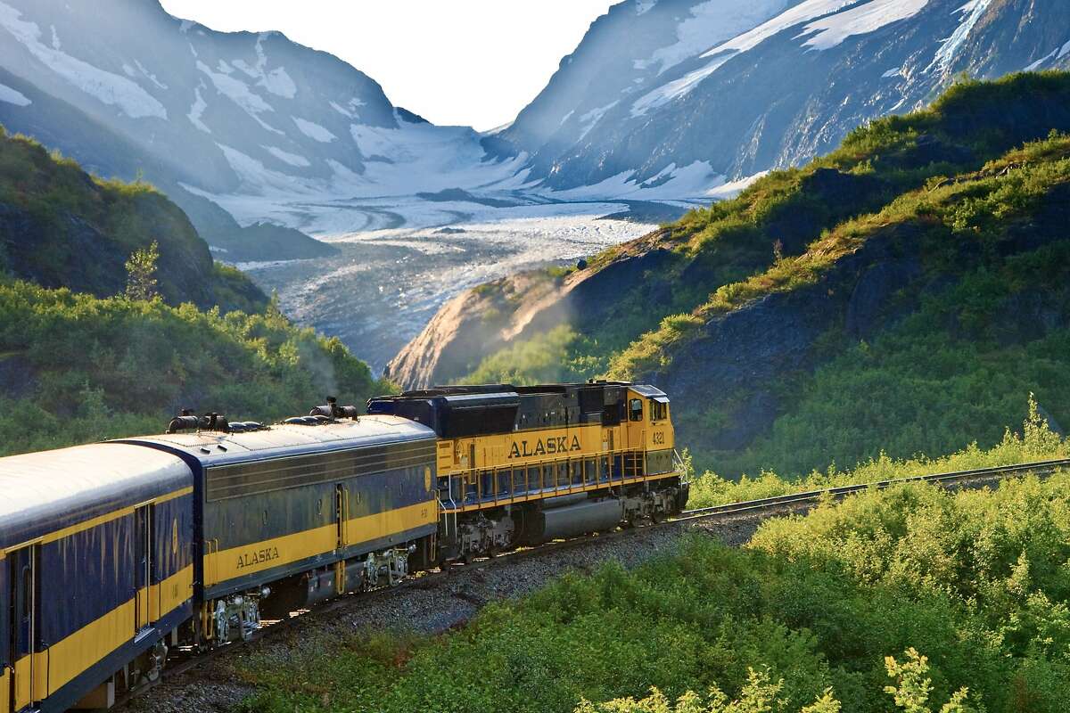 An Alaska Railroad train passes the Bartlett Glacier on the Kenai Peninsula.