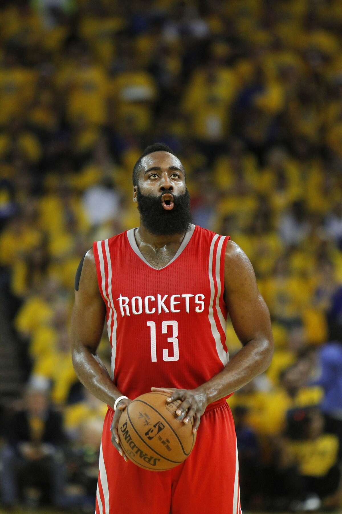 James Harden prepares for a free throw in the first quarter of game 5 on Wednesday, May 27, 2015 in Oakland, Calif.