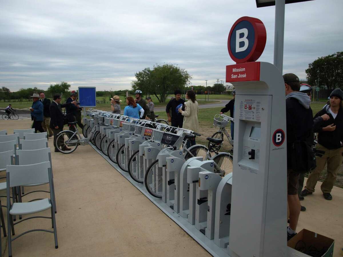 This photo shows San Antonio's B-Cycle bike share station at Mission San José at 6701 San José Drive.