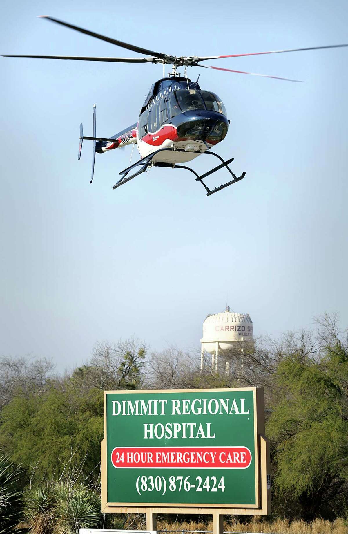 An Air Evac helicopter takes off from its pad next to Dimmit County Regional Hospital. Methodist Healthcare CEO Kevin Moriarty said emergency response in remote areas of South Texas can take an hour or two.