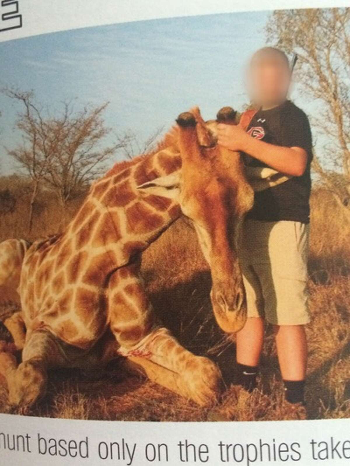 A student poses with a slain giraffe, apparently killed in a hunt, which was placed in the Guilderland High School yearbook.