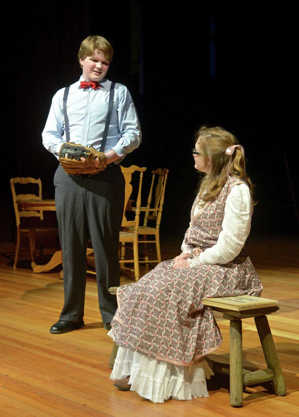 Daisy Navin plays Emily Webb and Alex Darlington plays George Gibbs during the dress rehearsal for Joel Barlow High School's production of "Our Town", by American playwright Thornton Wilder. Directed by Nancy Ponturo the play will be Friday and Saturday, May 29 and 30, at 8 P.M., and Sunday, May 31, at 2 P.M. at Joel Barlow. Tickets are available at the door, $10 for Adults and $5 for students and seniors. There are over 40 Barlow students involved in the production. On Thursday, May 28, 2015, in Redding, Conn.