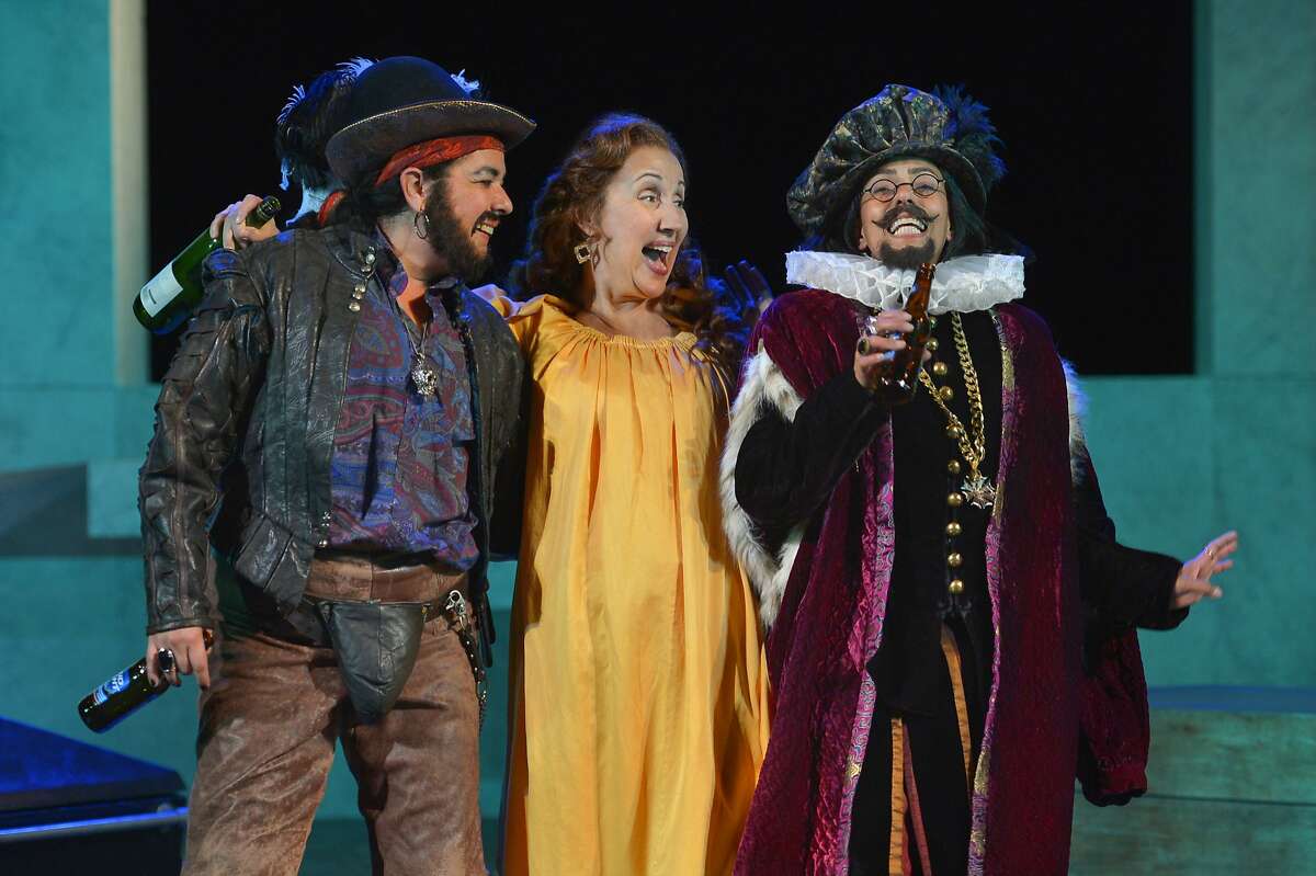 Catherine Castellanos, left, as Sir Toby Belch, Domenique Lozano as Maria and Margo Hall as Andrew Aguecheek in Cal Shakes' (almost) all-woman "Twelfth Night"