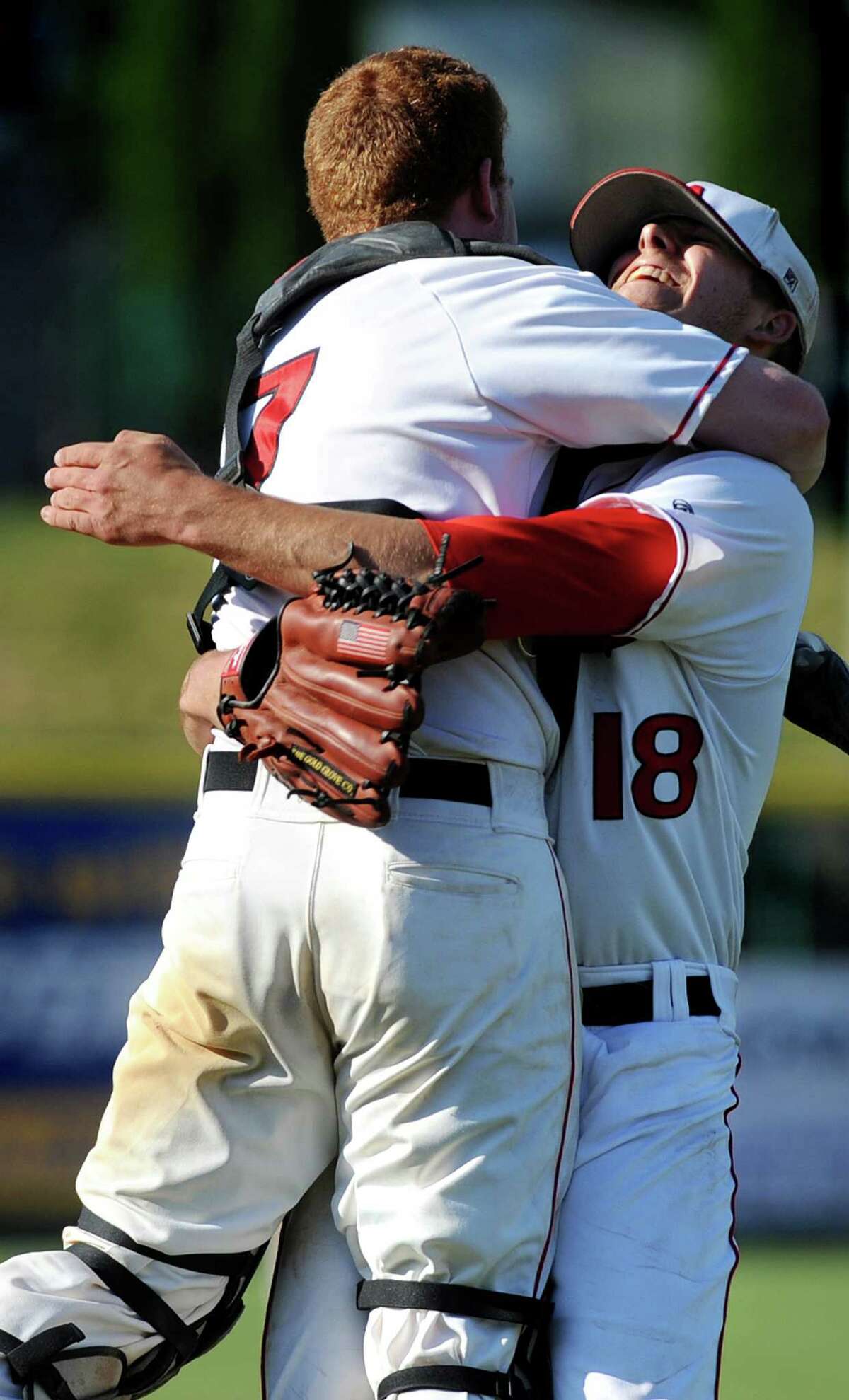 Albany Academy's pitcher Brooks Knapek, right, and catcher Sean Dempsey celebrate their 7-0 win over Schuylerville in the Class B baseball final on Thursday, May 28, 2015, at Joe Bruno Stadium in Troy, N.Y. (Cindy Schultz / Times Union)