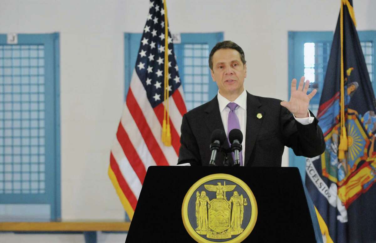 Governor Andrew Cuomo talks about the incarceration of 16 and 17 year olds during a press conference following a tour the Governor took at the Greene Correctional Facility on Thursday, May 28, 2015, in Coxsackie, N.Y. (Paul Buckowski / Times Union)