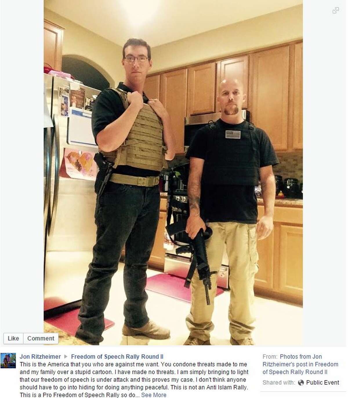 Jon Ritzheimer, a former U.S. Marine shown on his Facebook page wearing a t-shirt with the phrase "[expletive] Islam" while carrying an American flag, will stage a controversial contest Friday to draw the Islamic prophet Muhammad in front of an Arizona mosque attended by two attempted shooters who tried to attack a similar contest in Garland on May 3, 2015.