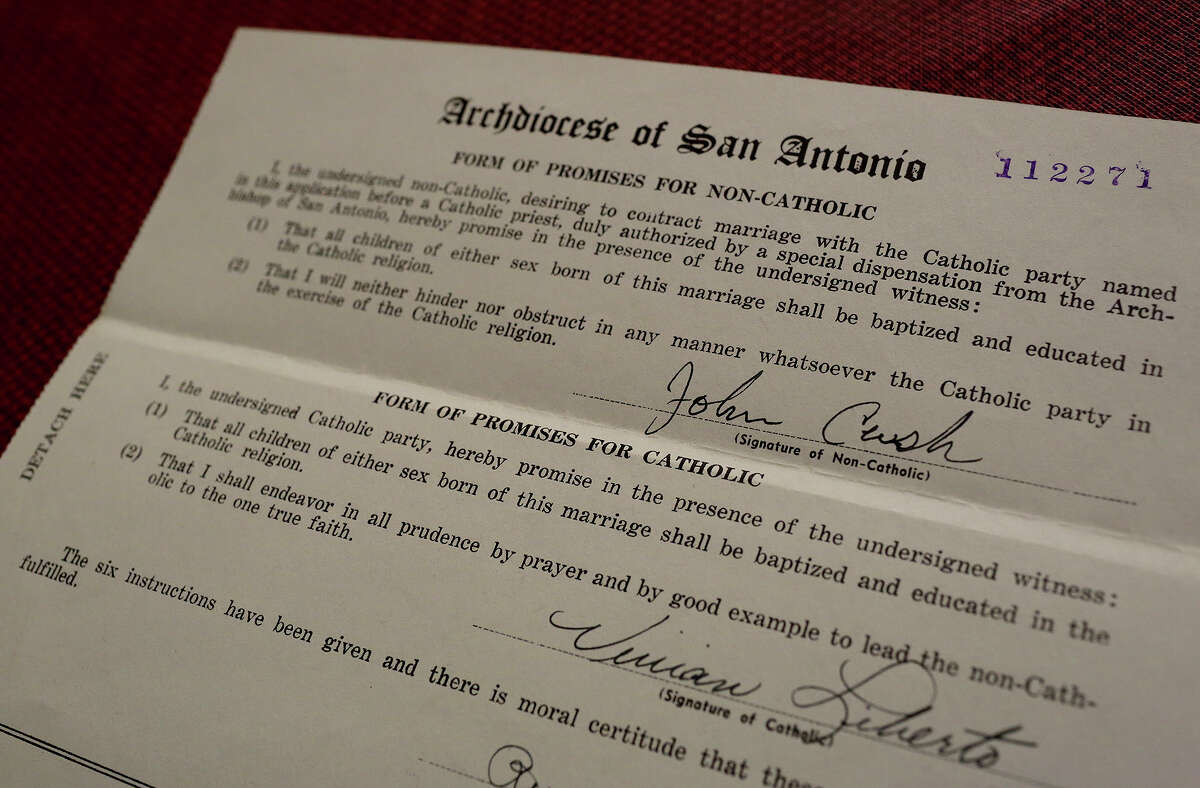 Documents for Johnny Cash's marriage to Vivian Liberto in 1954 bear his signature. They are on file at St. Ann Catholic Church in San Antonio.