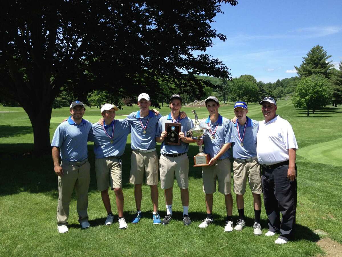 Newtown won the SWC boys golf championship on Friday, May 30, 2015 at Ridgewood Country Club. From left: Assistant coach Bob Patterson, Josh Houle, Jacob Burden, Graham Hubbert, Colin Patrick, Ryan Patrick and coach Bob Flood.