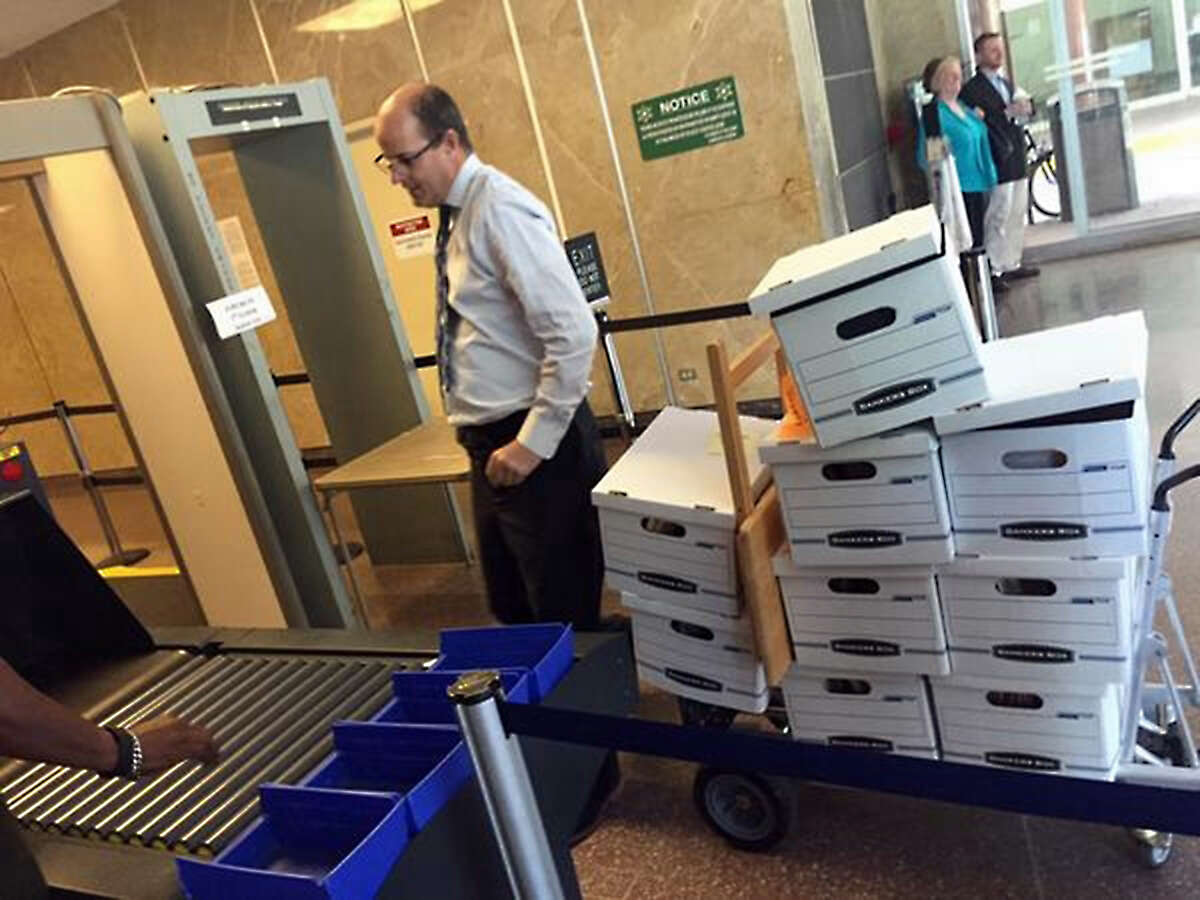 Evidence is wheeled into the Orleans Parish Civil District Courthouse on Monday before the start of the Tom Benson competency trial. It’s expected to last most of the week.