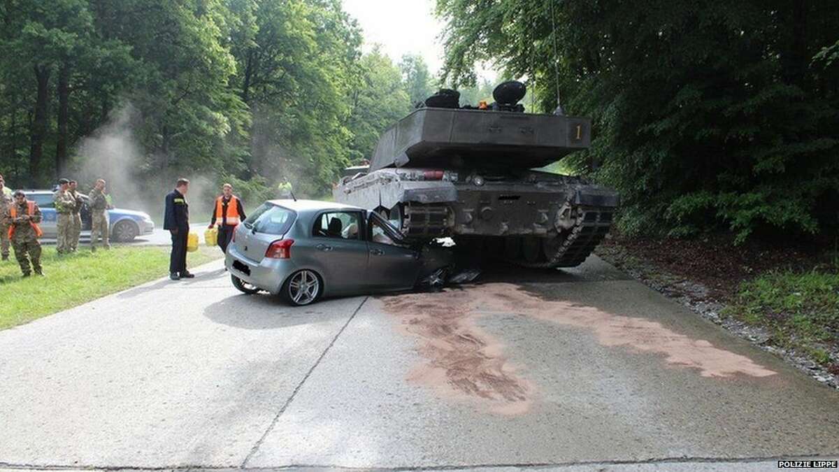 An 18-year-old driving a Toyota Yaris in the Lippe district of Germany had her car crushed by a British tank travelling on a ring road around the town. The driver of the car was unharmed.