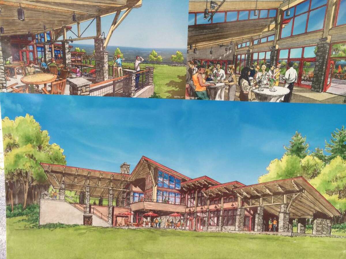 This group of photographs shows various views of the visitors' center the state plans to build at Thacher Park in the town of New Scotland. (Cathleen Crowley / Times Union)