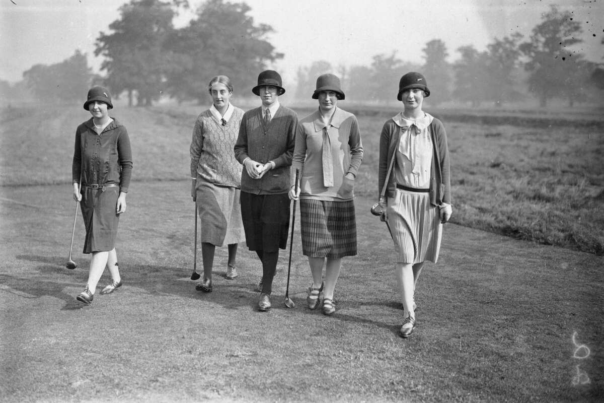 Women in golf "By contrast with many other sports, golf was open to women from the beginning, and American women developed a keen interest in the game. Golf’s relaxed pace, individual play, and pleasant surroundings seemed to make it particularly fitting for upper-class women, who were generally discouraged from more strenuous athletic pursuits. " - Dr. Elizabeth Rose, Fairfiled Museum & History Center(Pictured: 14th September 1925: Five golfers on the course in practice for the Girls' Golf Championship at Stoke Poges (left to right) Barbara Strohmenger, Enid Wilson, Dorothy Pearson, Barbara Lyon and Phyllis Strohmenger. (Photo by Brooke))