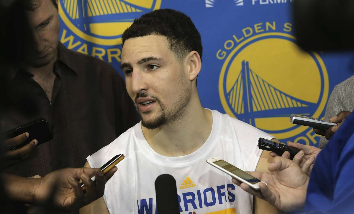 Klay Thompson talks to reporters as the Golden State Warriors hold a media availability at their practice facility in Oakland, Calif., on Tues. June 2, 2015, as they prepare for game one of the NBA finals later this week.