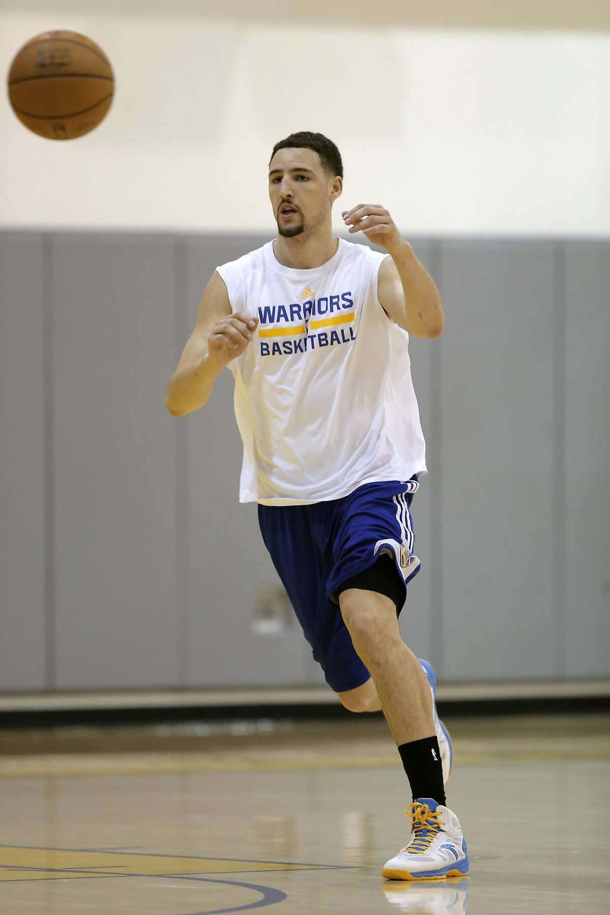 Klay Thompson during practice as the Golden State Warriors hold a media availability at their practice facility in Oakland, Calif., on Tues. June 2, 2015, as they prepare for game one of the NBA finals later this week.