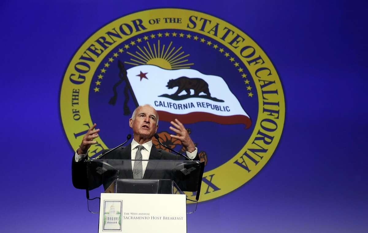 California Gov. Jerry Brown speaks at a gathering of political, business and community leaders at the annual California Chamber of Commerce Host Breakfast in Sacramento, Calif., Thursday, May 28, 2015. (AP Photo/Rich Pedroncelli)