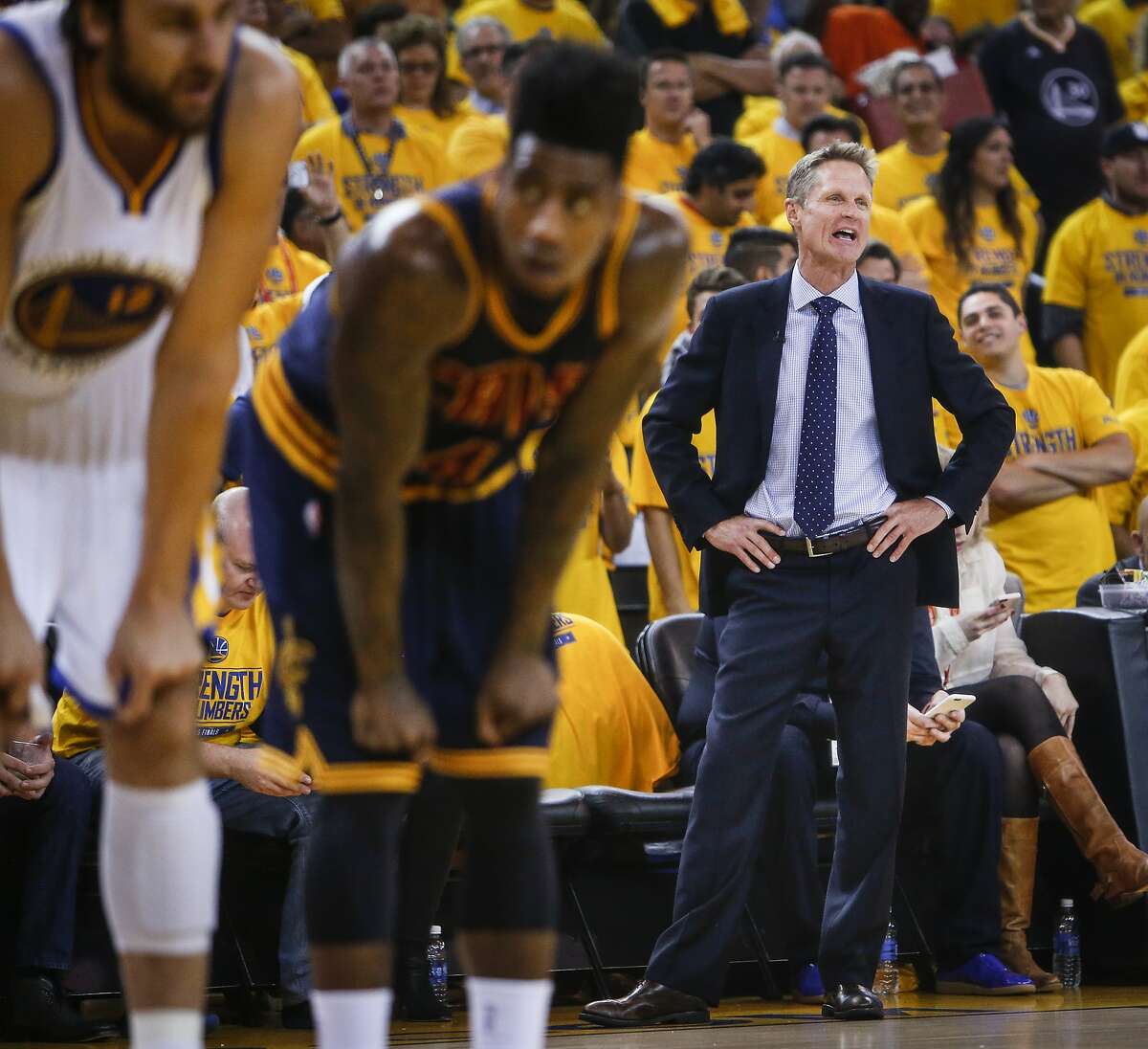 Golden State Warriors' Coach Steve Kerr is seen in the first period during Game 1 of The NBA Finals on Thursday, June 4, 2015 in Oakland, Calif.