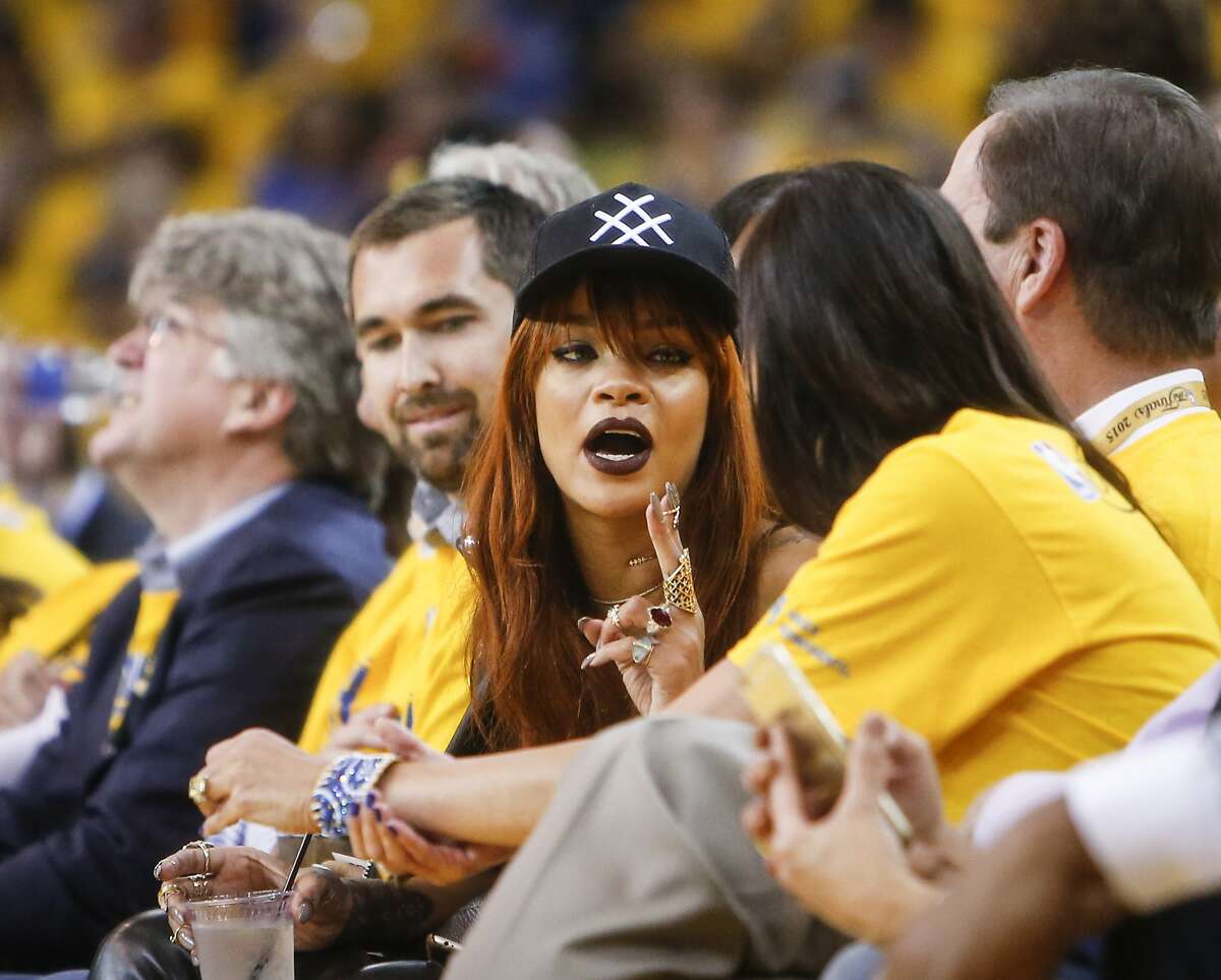 Rihanna is seen at Game 1 of The NBA Finals between the Golden State Warriors and the Cleveland Cavaliers on Thursday, June 4, 2015 in Oakland, Calif.