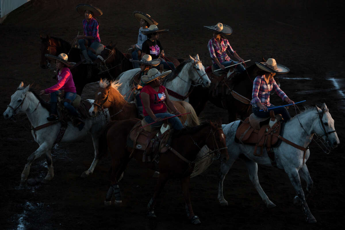 Escaramuza Las Potrancas practices their routine for the pre-state competition at El Rancho Unico in Atascosa, Texas on March 26, 2015. The team ended up third in Pre-.