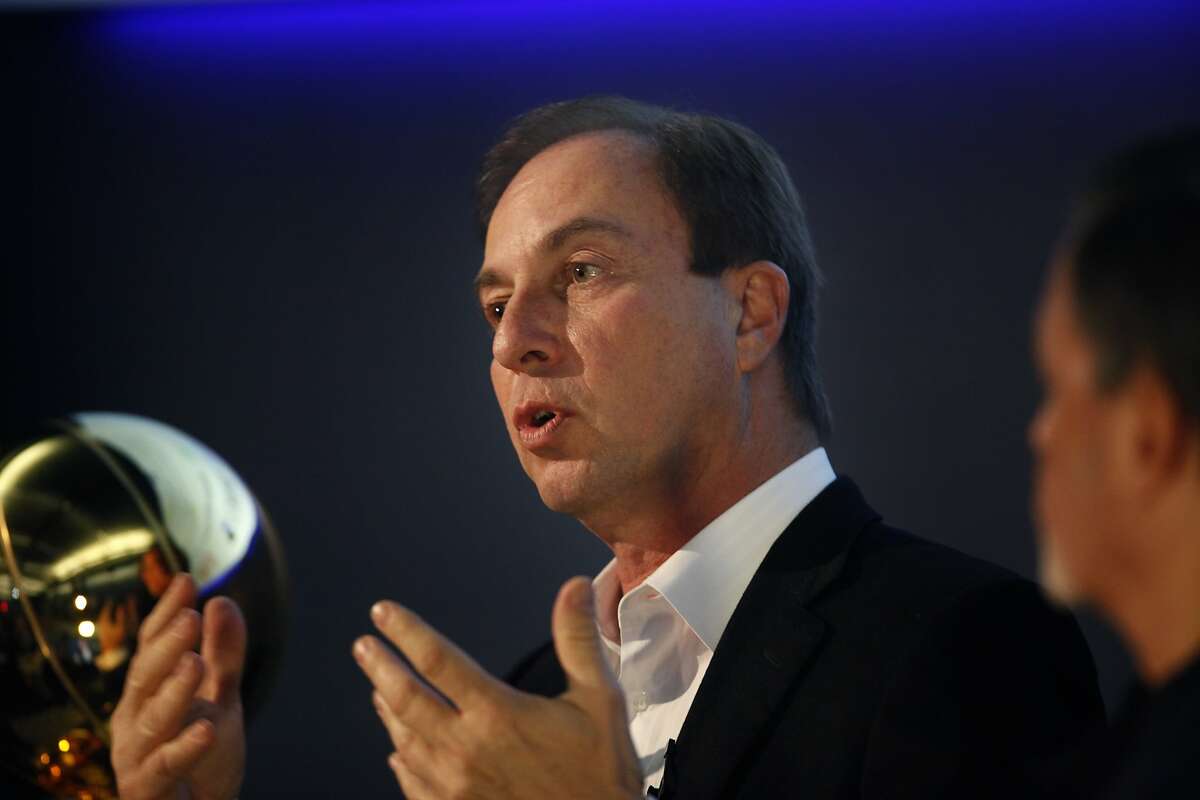 Joe Lacob, owner of the Golden State Warriors (left), and Dan Gilbert, owner of the Cleveland Cavaliers (right), come together for a discussion on championship philosophy, investment strategy, and the impact of technology on sports at Zynga HQ in San Francisco, California, on Friday, June 5, 2015.