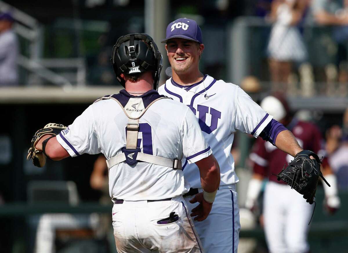 TCU pitcher Brian Trieglaff, right, and catcher Evan Skoug (9) celebrate their teams win over Texas A&M during the ninth inning of a super regional of the NCAA college baseball tournament in Fort Worth, Texas, Saturday, June 6, 2015. TCU won 13-4. (AP Photo/Jim Cowsert)