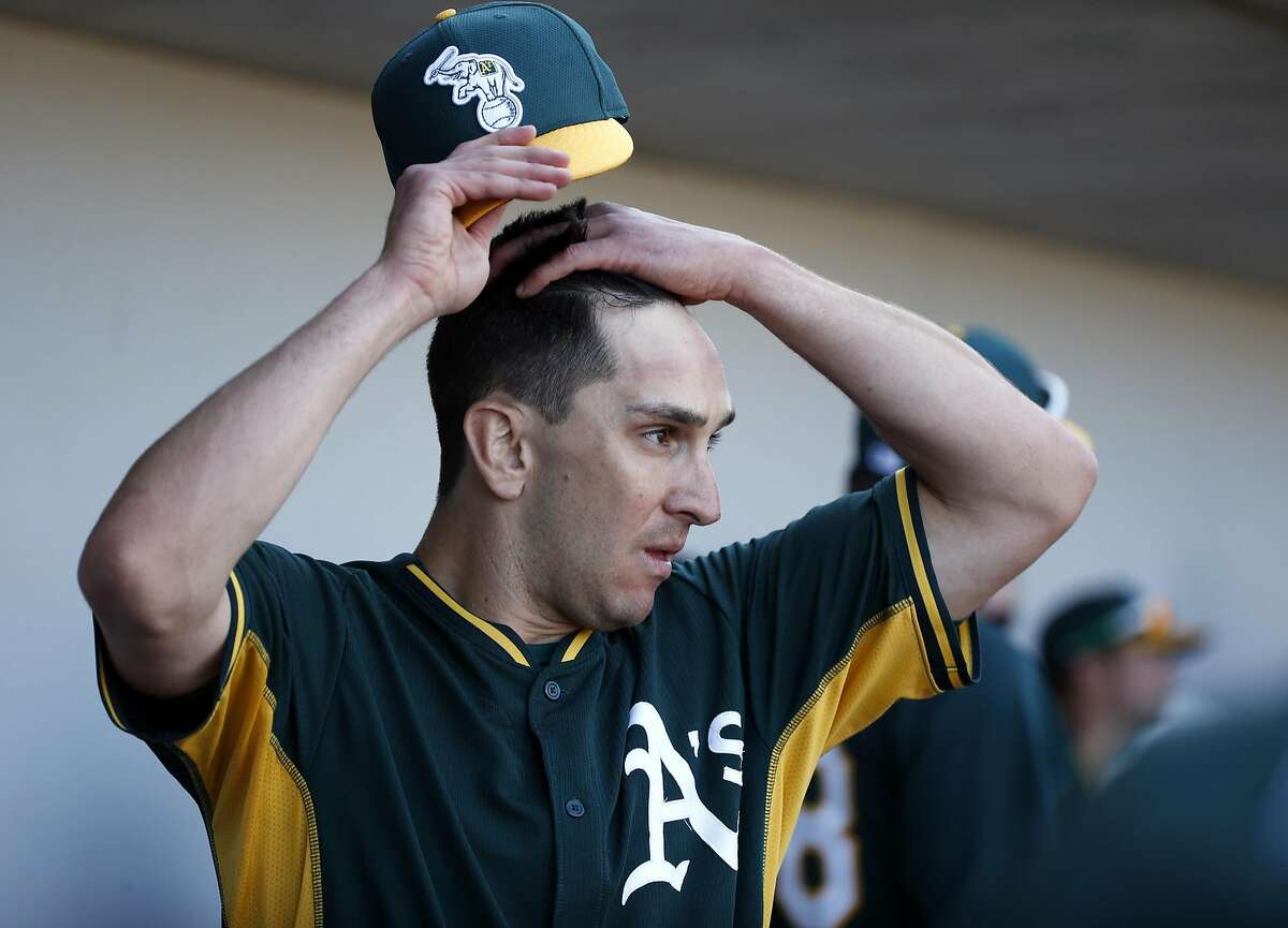 Oakland Athletics' Pat Venditte after a scoreless inning against Chicago Cubs in Spring Training Cactus League game at Sloan Park in Mesa, Arizona, on Thursday, March 5, 2015.