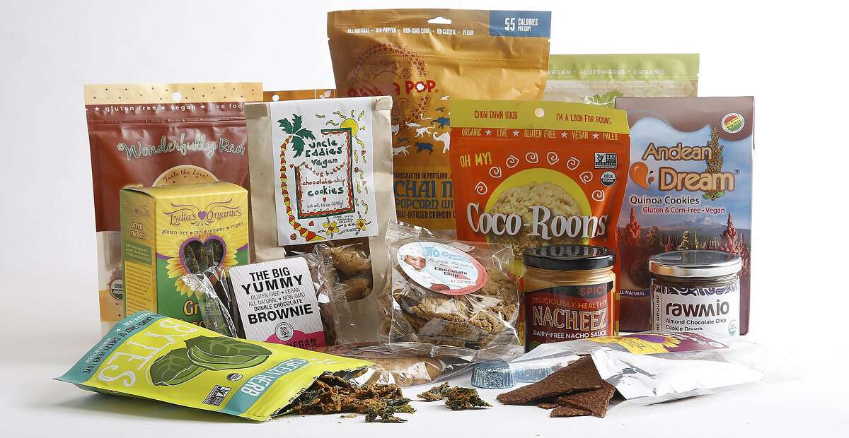 A collection of locally-made vegan snack foods gathered in San Francisco, California, on Monday, June 8, 2015.