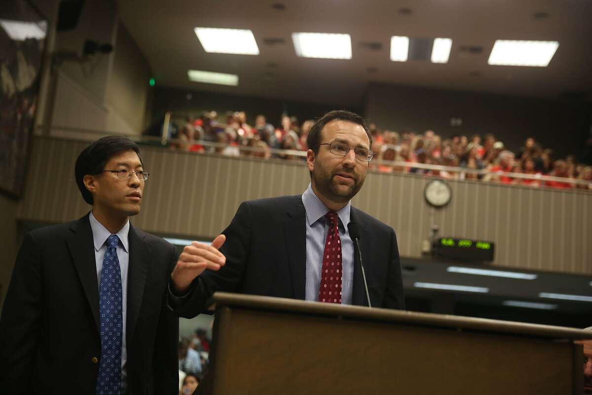 Senator Richard Pan (l to r) and Senator Ben Allen, co-authors of SB277, speak to the Assembly Health Committee during a hearing on SB 277 on Tuesday, June 9, 2015 in Sacramento, Calif.