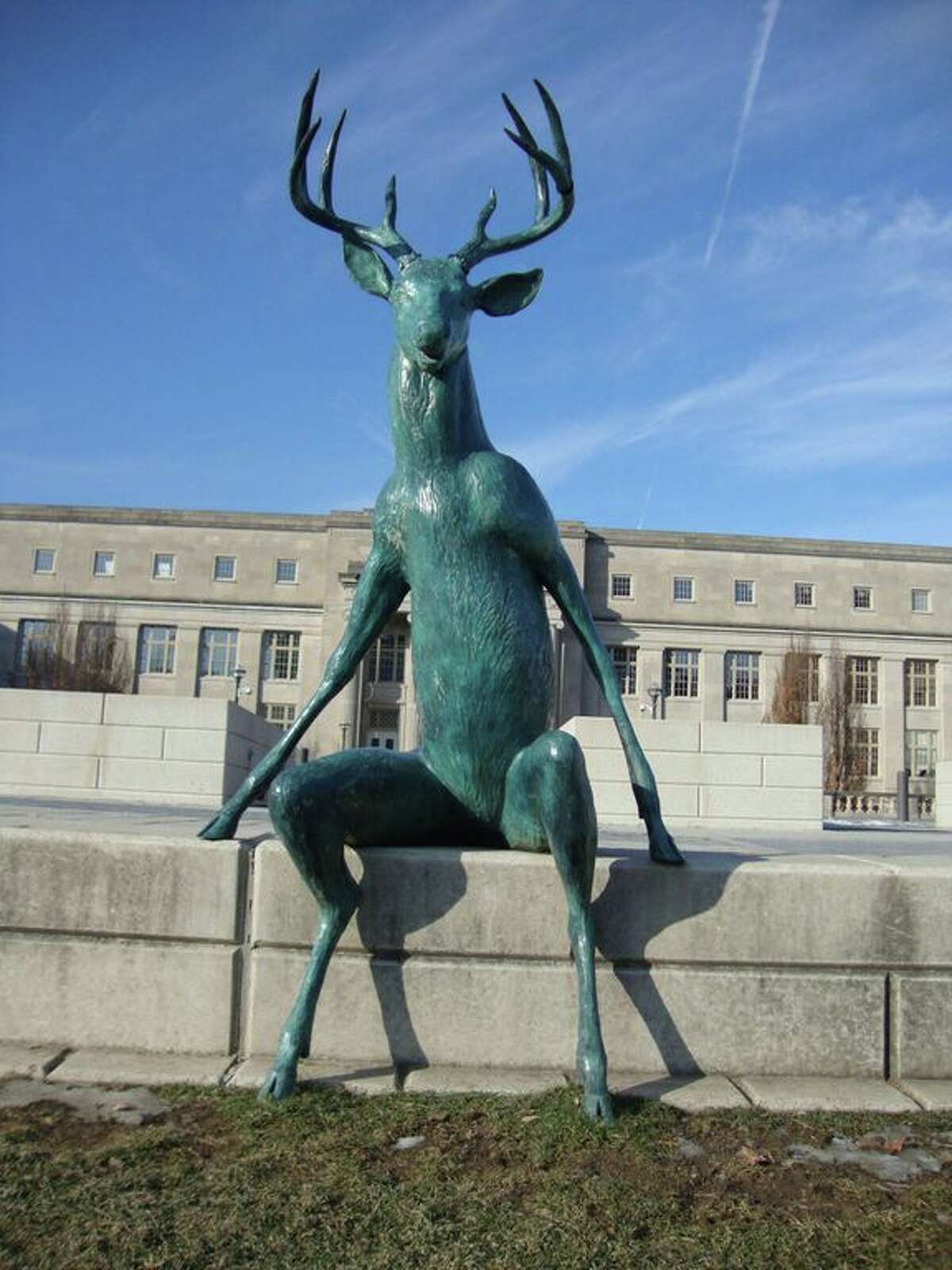This sculpture of a deer is part of the new public art display on the river in Columbus, Ohio.