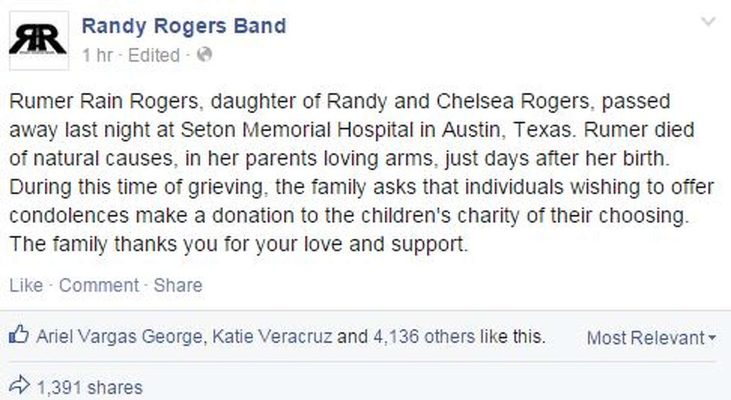 Newborn daughter of Texas country star Randy Rogers passed away last