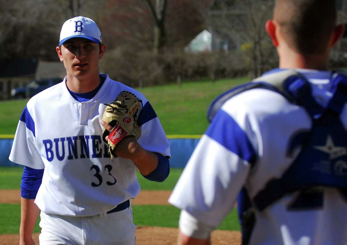 Bunnell's Ron Rossomando pitches, during baseball action against Masuk in Stratford, Conn. on Friday Apr. 17, 2015.
