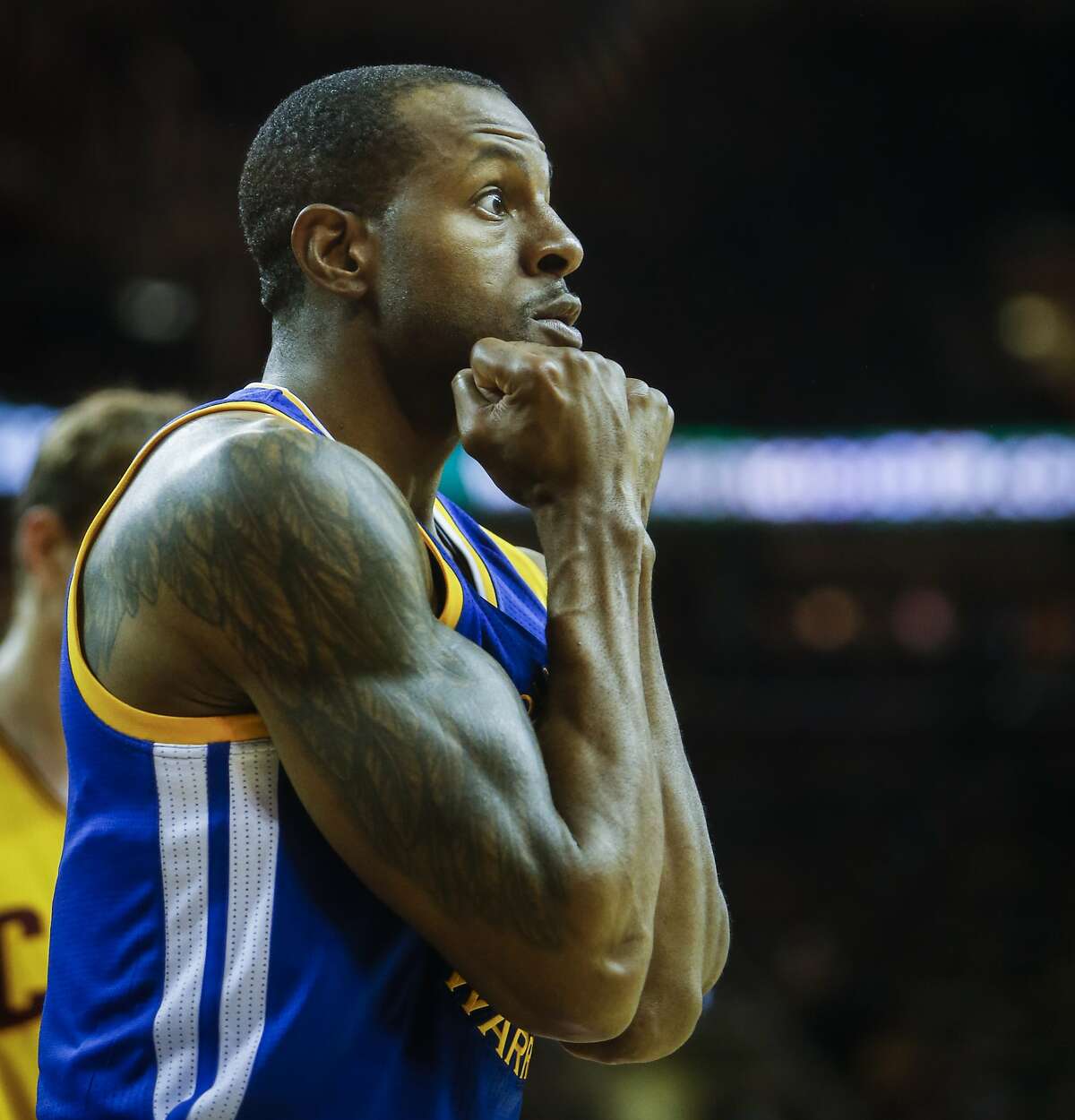 Golden State Warriors' Andre Iguodala reacts to a call in the third period during Game 4 of The NBA Finals between the Golden State Warriors and Cleveland Cavaliers at The Quicken Loans Arena on Thursday, June 11, 2015 in Cleveland, Ohio.