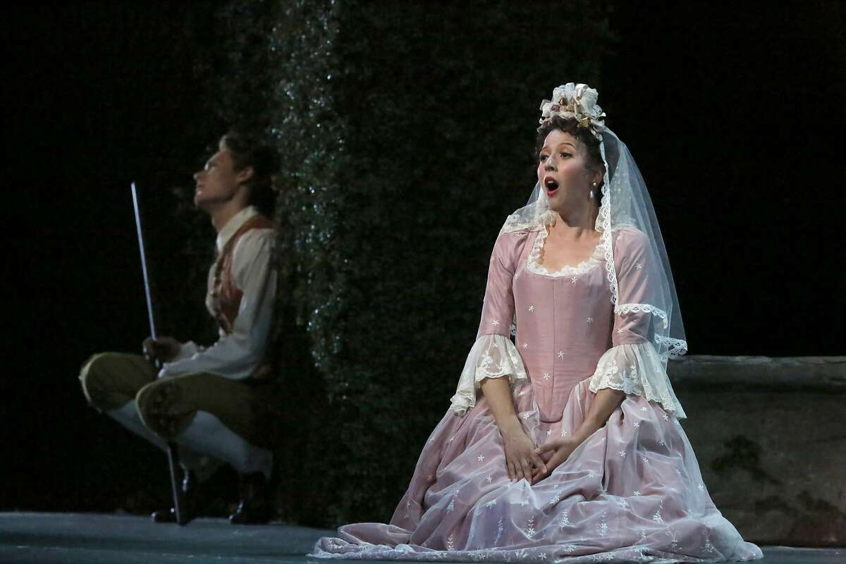 Philippe Sly as Figaro (l to r) and Lisette Oropesa as Susanna are seen during final dress rehearsal for San Francisco Opera's "The Marriage of Figaro" on Thursday, June 11, 2015 in San Francisco, Calif.
