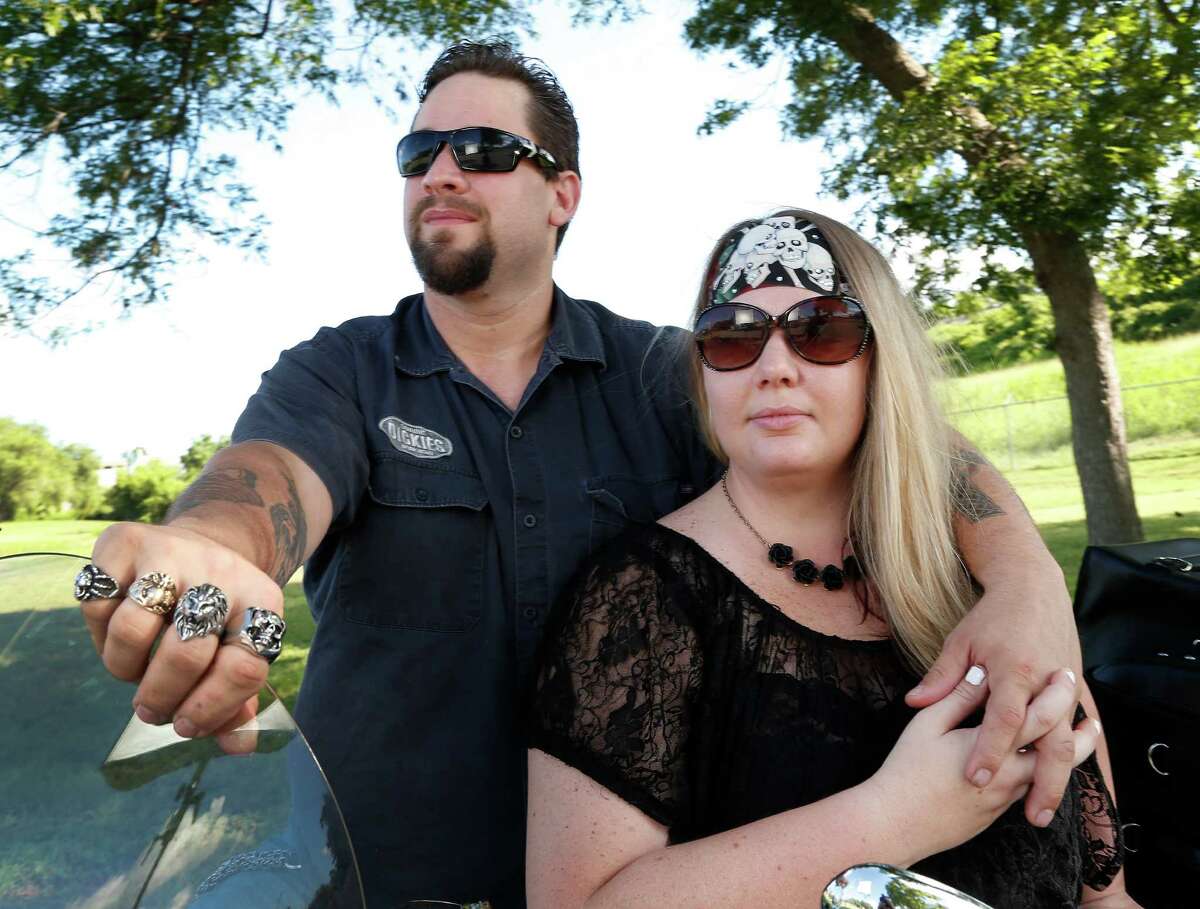 William and Morgan English with their Yamaha motorcycle, photographed on Tuesday, June 9, 2015, in Brenham. They were on site during the shootout at Twin Peaks in Waco, and both spent multiple days in jail They had just pulled up to the restaurant when the shooting started.