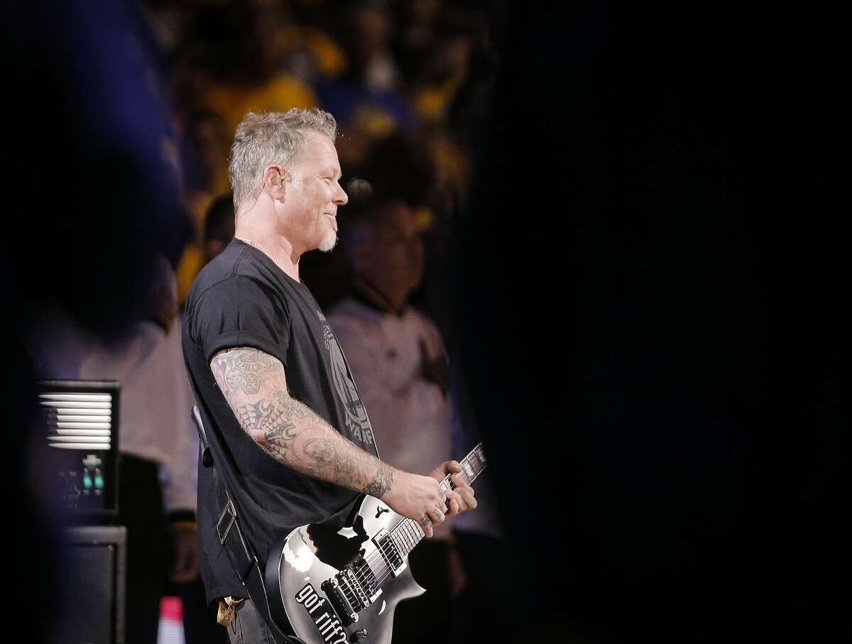 James Hetfield of Metallica performed the National Anthem with bandmate Kirk Hammett, not pictured, before Game 5 of The NBA Finals between the Golden State Warriors and Cleveland Cavaliers at Oracle Arena on Sunday, June 14, 2015 in Oakland, Calif.
