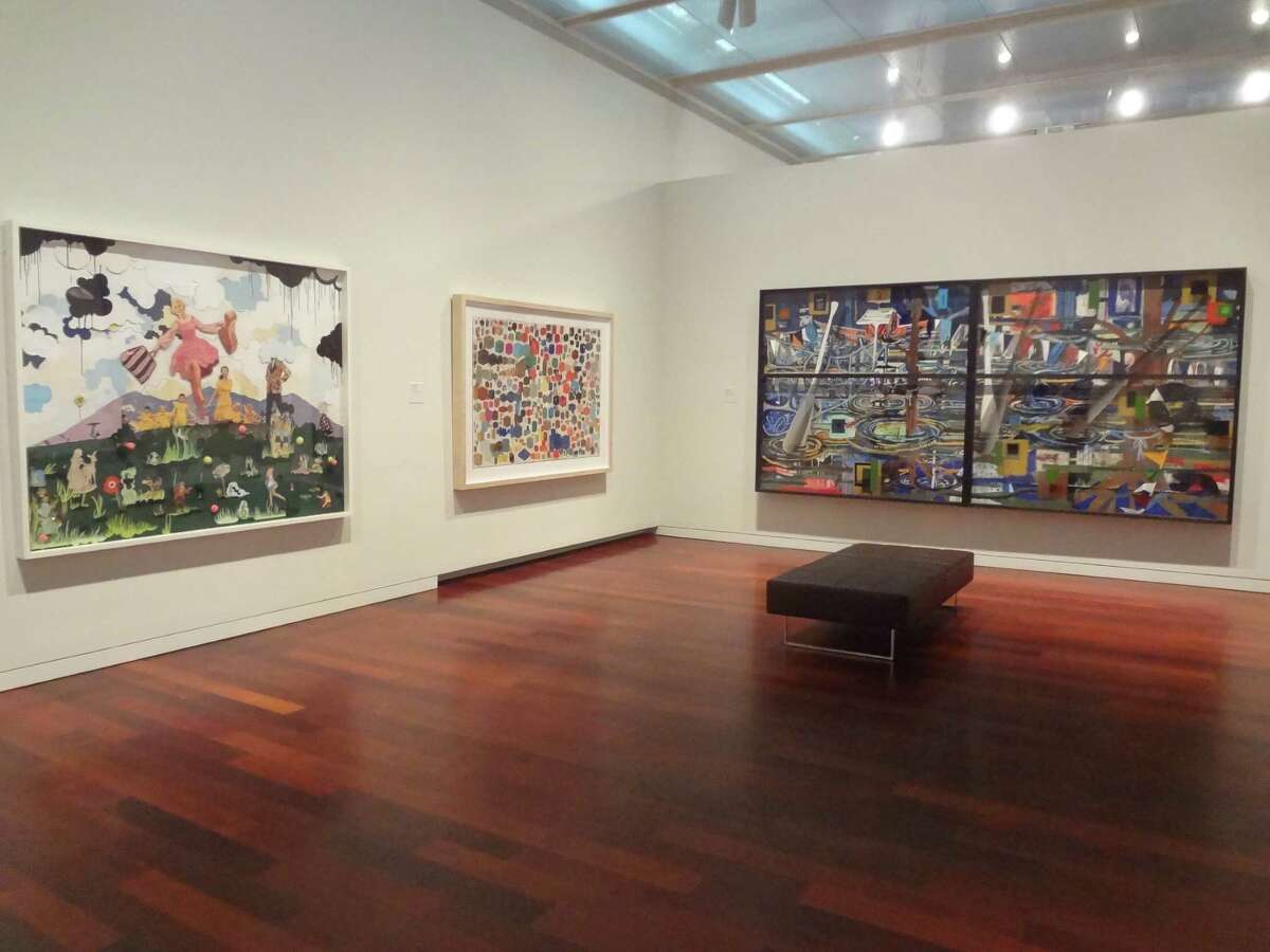 Works by Kelly O'Connor, Lance Letscher and Radcliffe Bailey (left to right) are featured in "Recycled" at the McNay Art Museum.