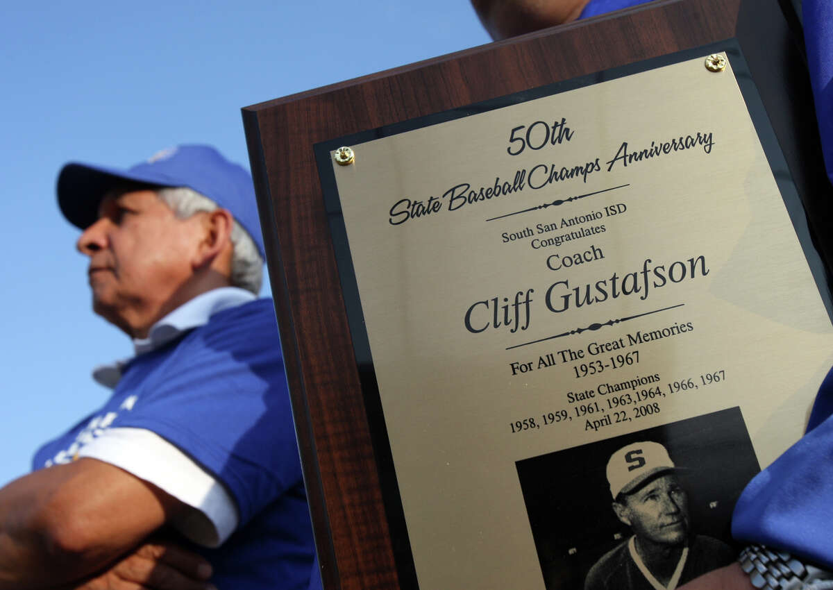A plaque presented in 2008 commemorates the 50th anniversary of former South San baseball coach Gustafson's state championship season.