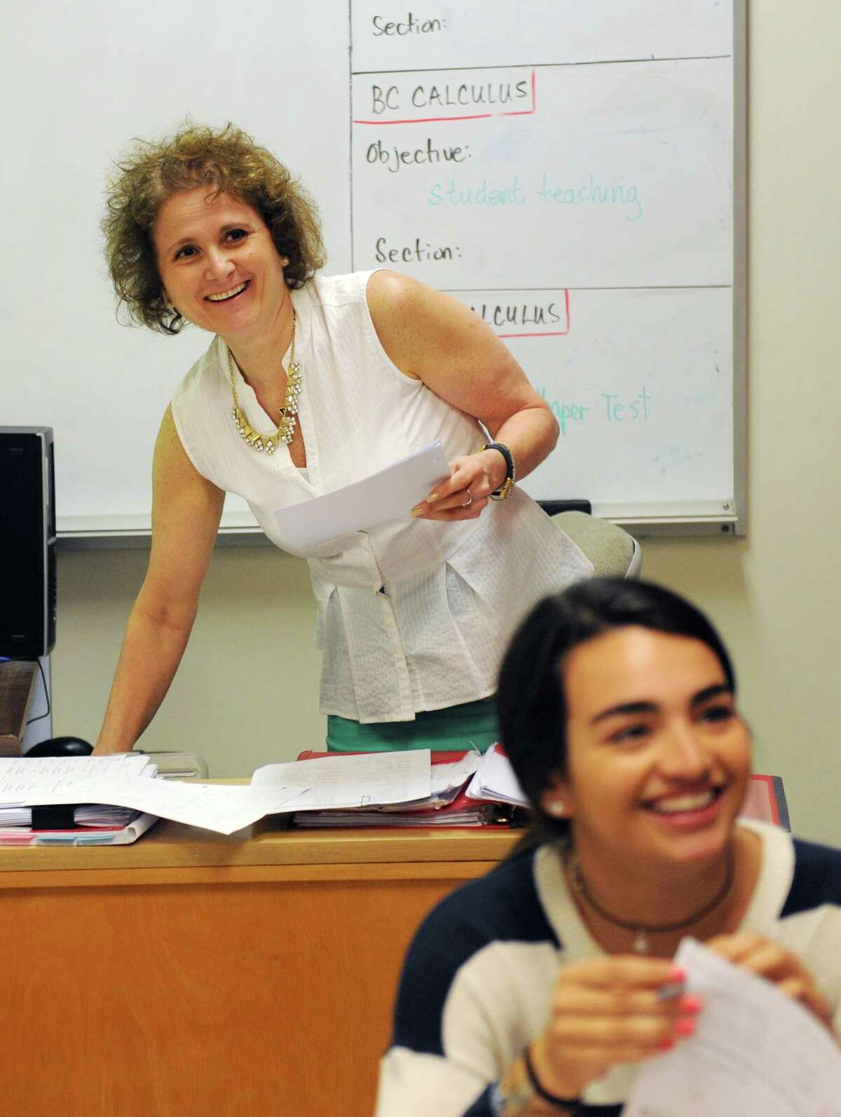 Calculus teacher Maryann Franchella laughs during her mixed-grade pre-calculus class at Greenwich High School in Greenwich, Conn. Thursday, June 4, 2015. Franchella was awarded one of the six Greenwich School District Distinguished Teacher Awards for 2015.