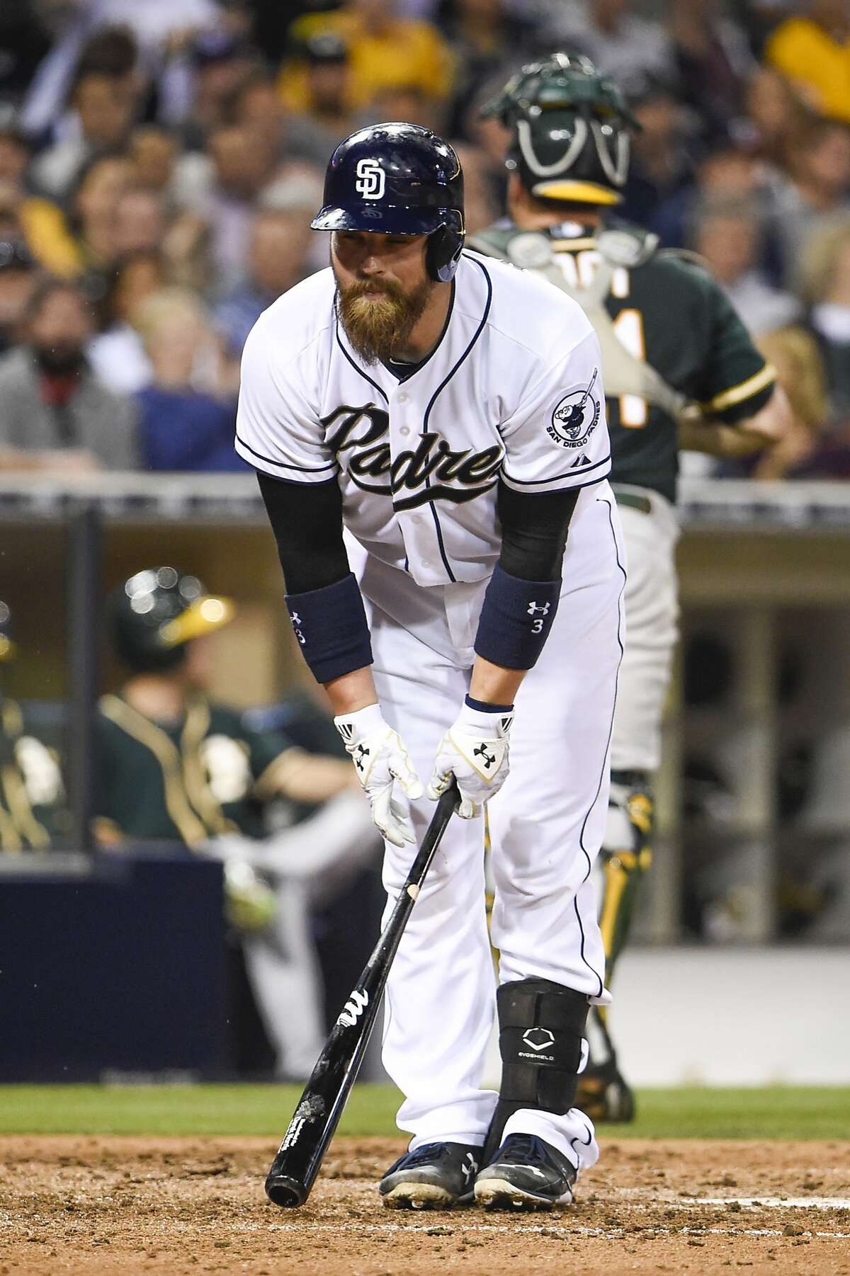 SAN DIEGO, CA - JUNE 15: Derek Norris #3 of the San Diego Padres reacts after striking out during the fourth inning of a baseball game against the Oakland Athletics at Petco Park June 15, 2015 in San Diego, California. (Photo by Denis Poroy/Getty Images)