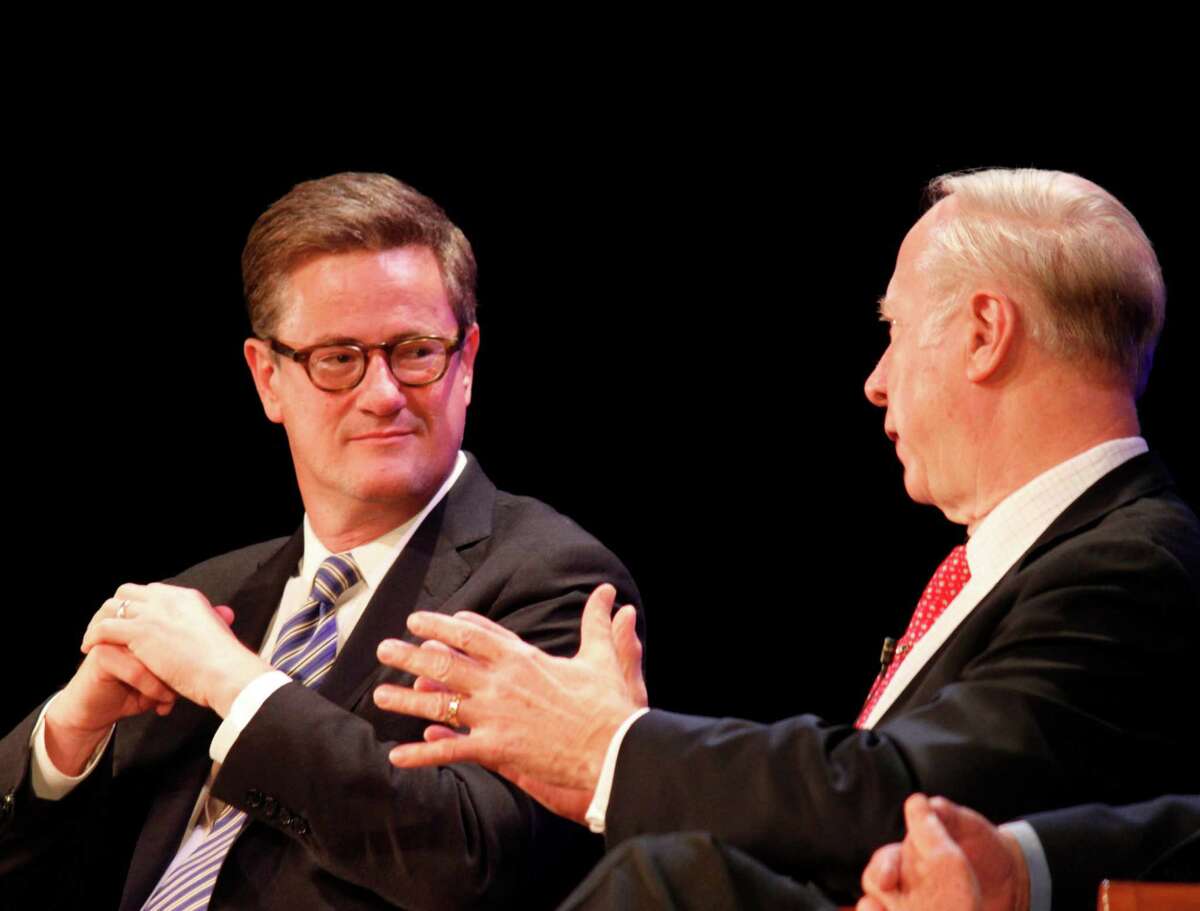 Some Democrats have complained that Joe Scarborough, host of MSNBC's "Morning Joe," has been using his show to further his own political ambitions. Here, political commentators and analysists Joe Scarborough, left, and David Gergen share an exchange during the annual Richard Salant Lecture, sponsored by the New Canaan Library.