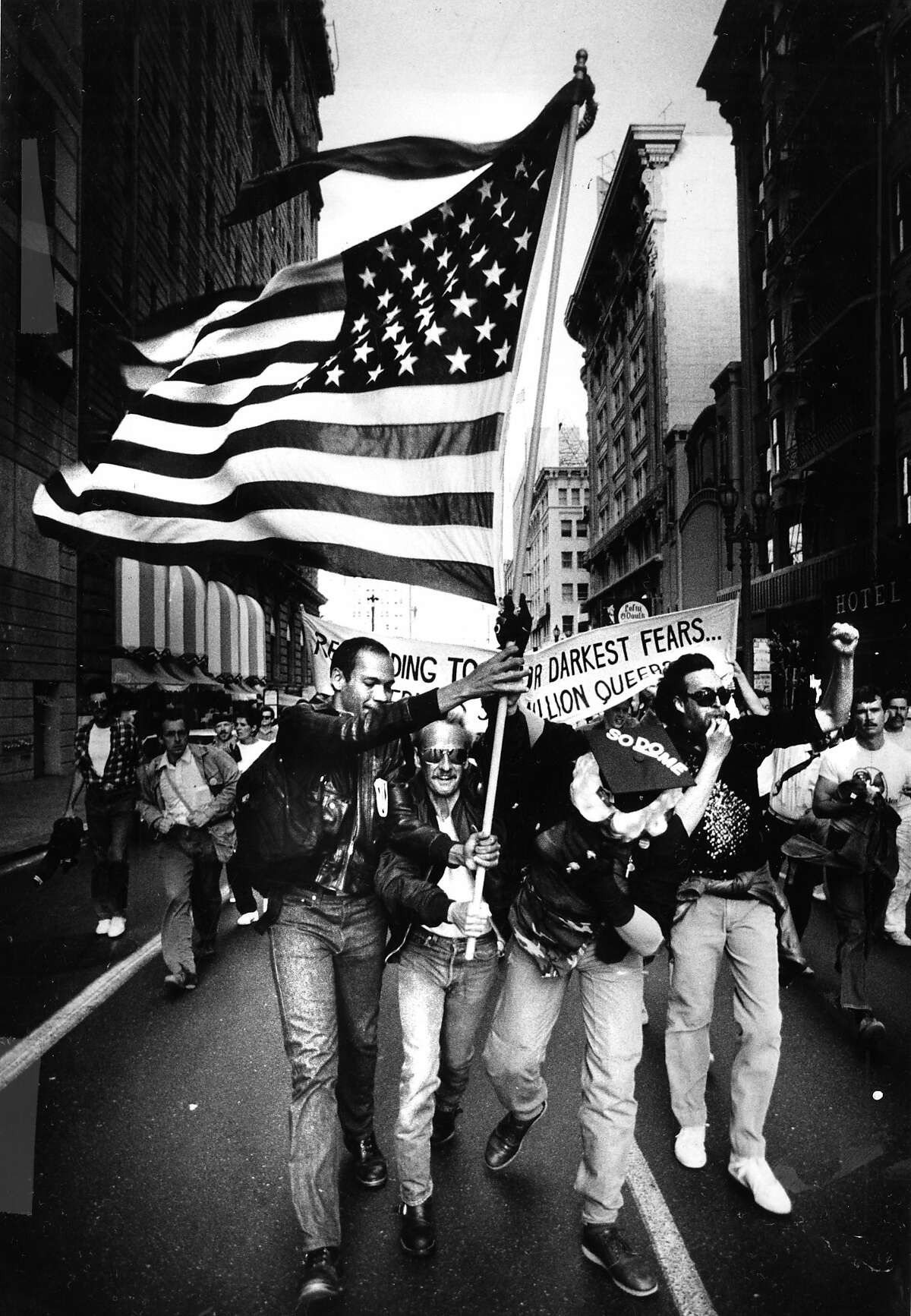 July 17, 1986: Member of San Francisco's gay community protest the Supreme Court's decision to uphold an anti-sodomy law in Georgia.