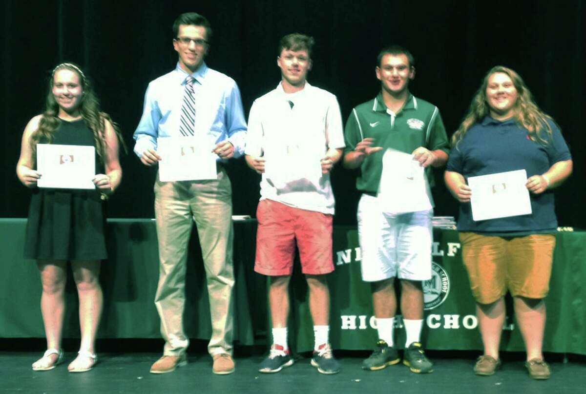All-South-West Conference selections, from left to right, Avery Kelly, Jackson Olson, Justin Lourenco, John Ceconi and Madison Romandi, take center stage June 8, 2015 during the annual New Milford High School spring sports awards ceremony. Missing from the photo are Blaine McMahon, Brigit Humphreys, Richard Grudzwick and Kyle Poeti. June 2015