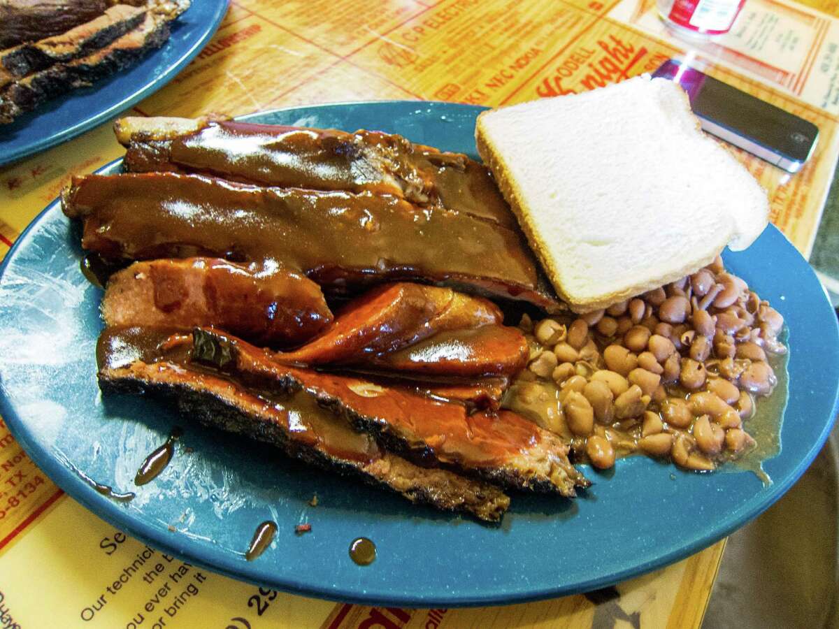 The three-meat plate at the New Zion Missionary Baptist Church Barbecue in Huntsville.