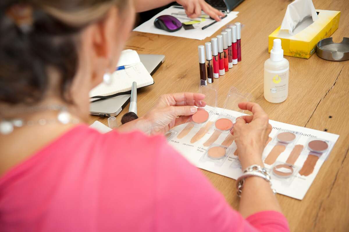 Eying blush samples at a product development meeting at the Juice Beauty headquarters on Wednesday, June 17, 2015, in San Rafael, Calif.